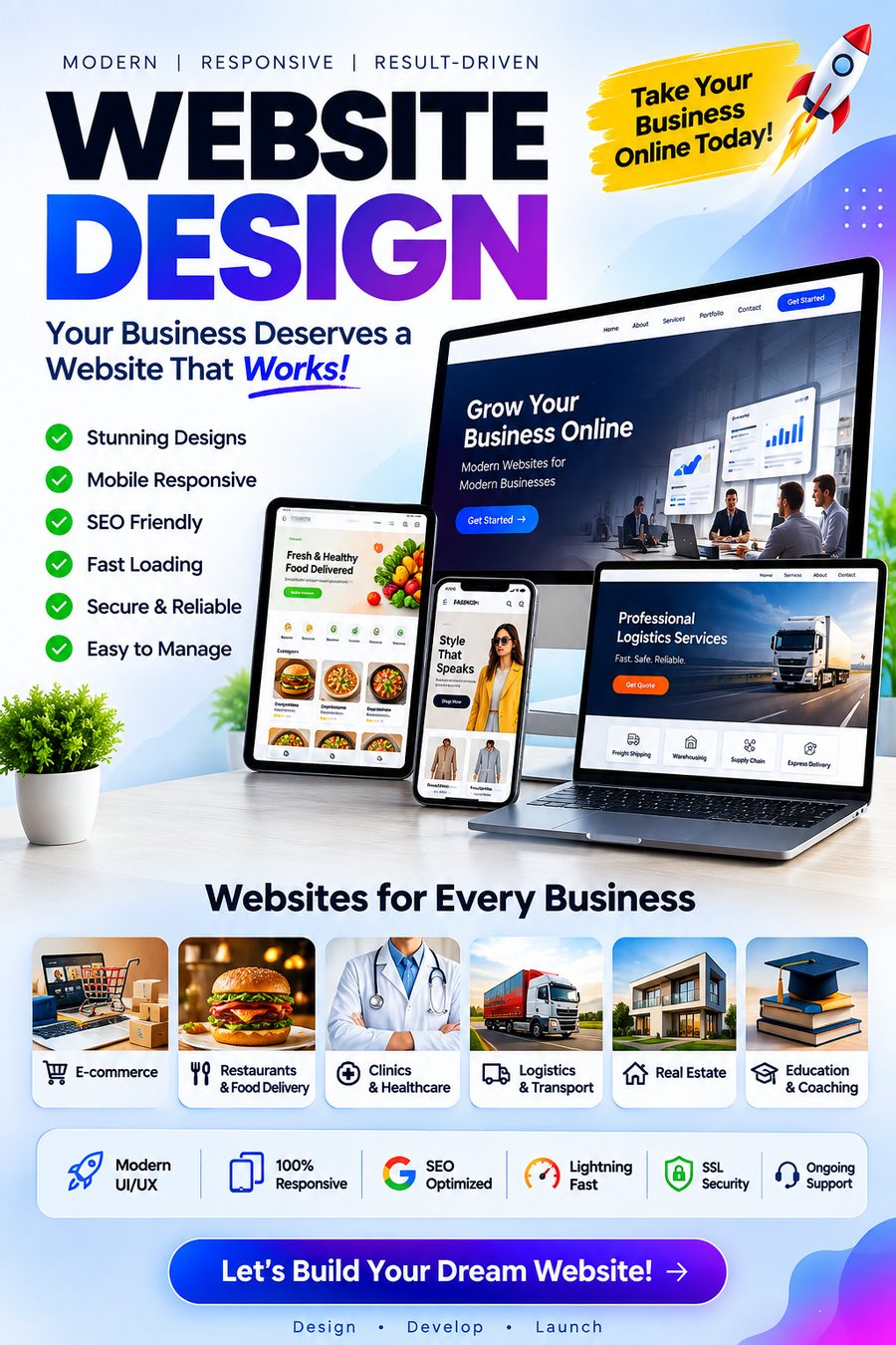 Websites for e-commerce, restaurants, clinics, logistics, real estate and education